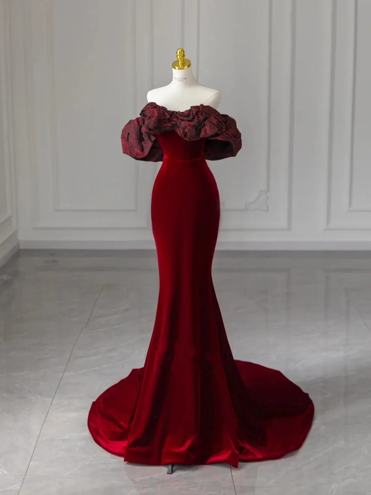 Wine Red Mermaid Velvet Off Shoulder Long Formal Dress, Wine Red Prom Dress