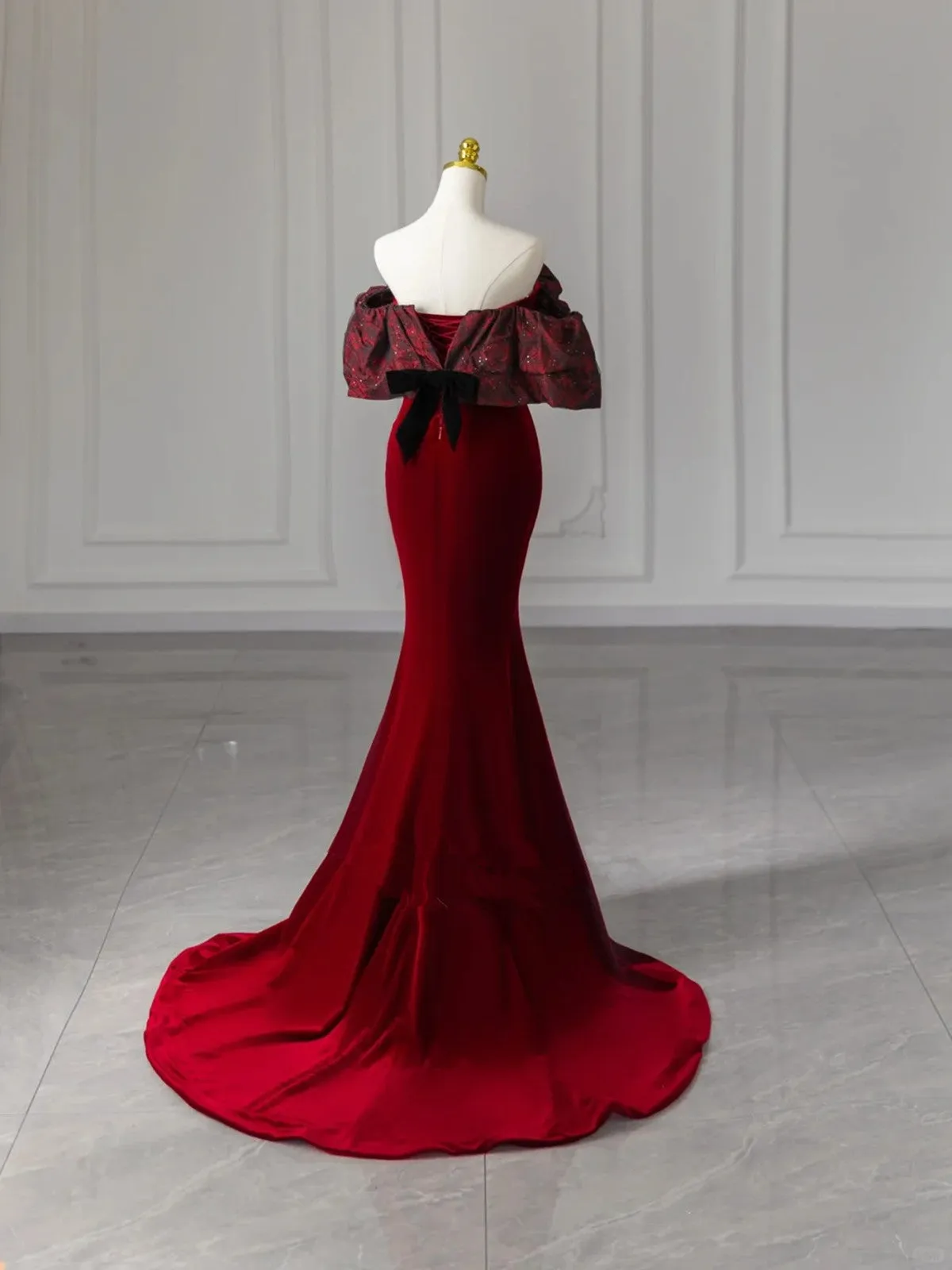 Wine Red Mermaid Velvet Off Shoulder Long Formal Dress, Wine Red Prom Dress