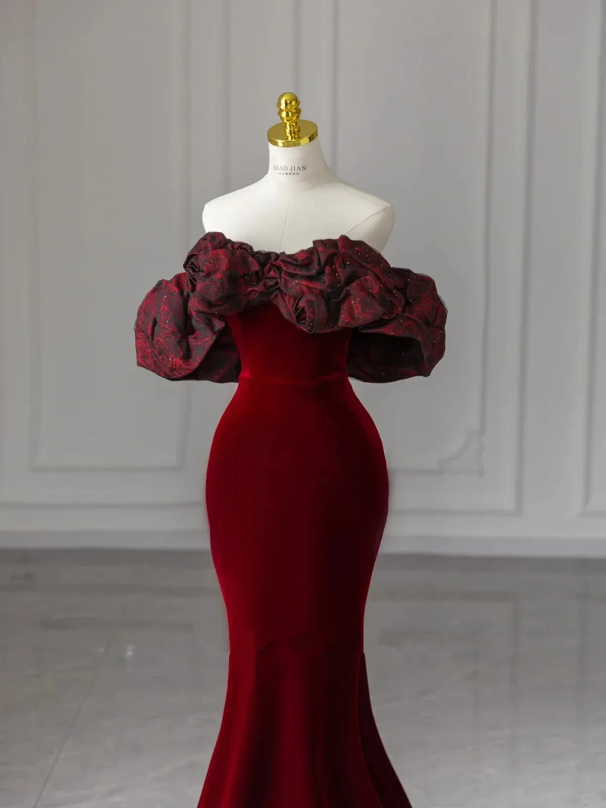 Wine Red Mermaid Velvet Off Shoulder Long Formal Dress, Wine Red Prom Dress