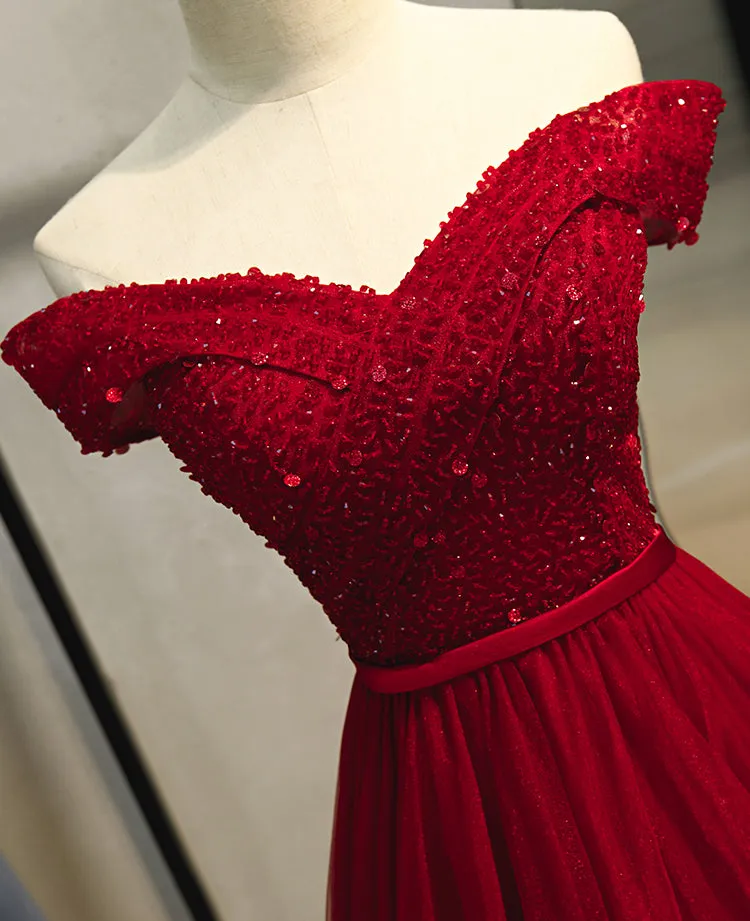 Wine Red Off Shoulder A-line Beaded Sweetheart Prom Dress, Dark Red Evening Dresses