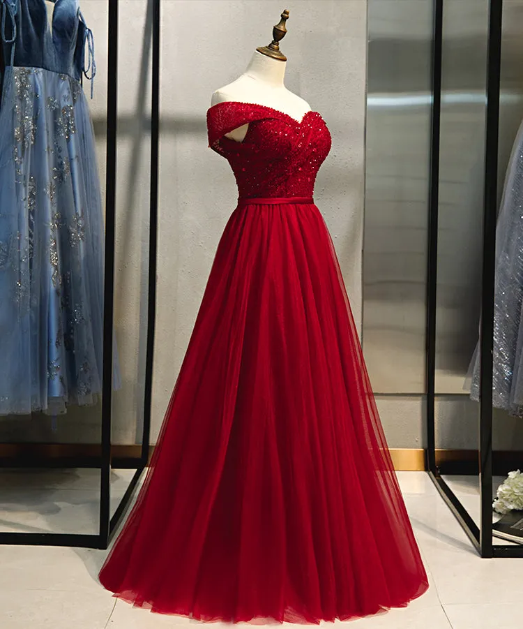 Wine Red Off Shoulder A-line Beaded Sweetheart Prom Dress, Dark Red Evening Dresses