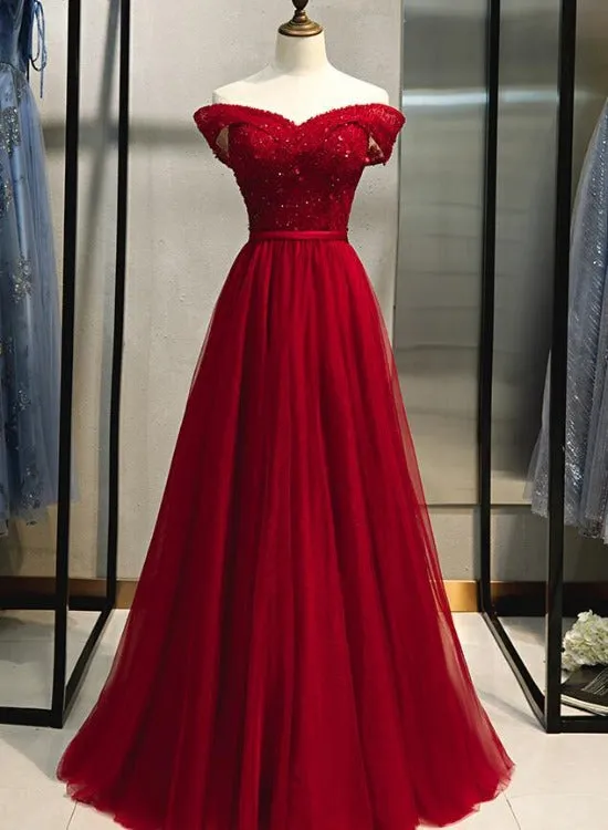 Wine Red Off Shoulder A-line Beaded Sweetheart Prom Dress, Dark Red Evening Dresses