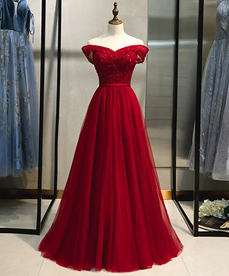 Wine Red Off Shoulder A-line Beaded Sweetheart Prom Dress, Dark Red Evening Dresses