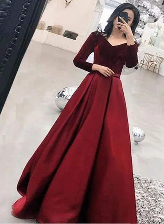 Wine Red Satin and Velvet Long Party Dress, Long Sleeves Evening Dress, Formal Dress