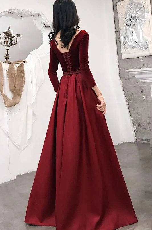 Wine Red Satin and Velvet Long Party Dress, Long Sleeves Evening Dress, Formal Dress