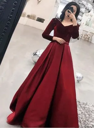Wine Red Satin and Velvet Long Party Dress, Long Sleeves Evening Dress, Formal Dress