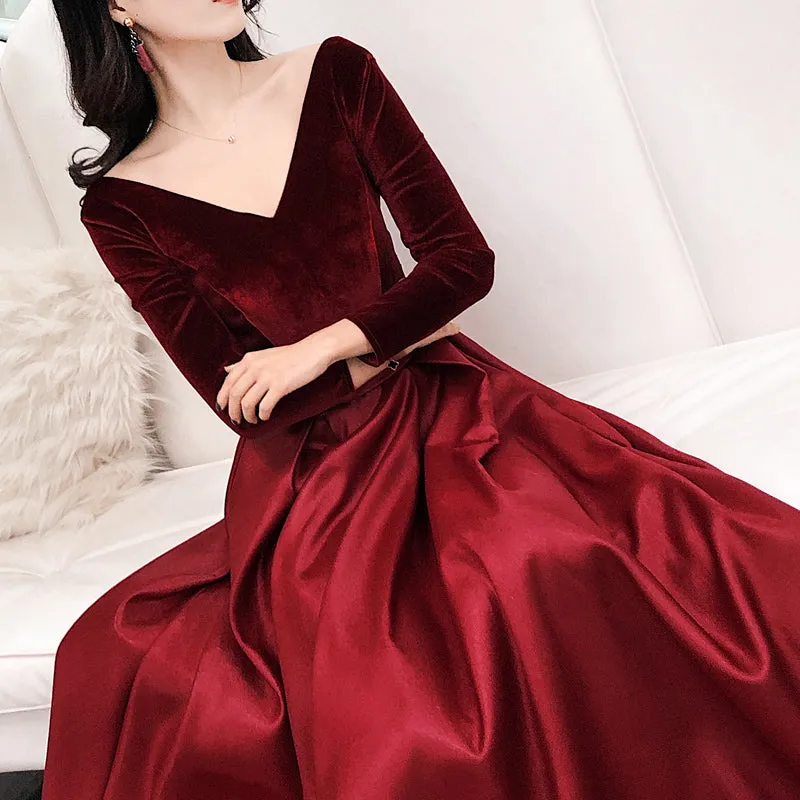 Wine Red Satin and Velvet Long Party Dress, Long Sleeves Evening Dress, Formal Dress