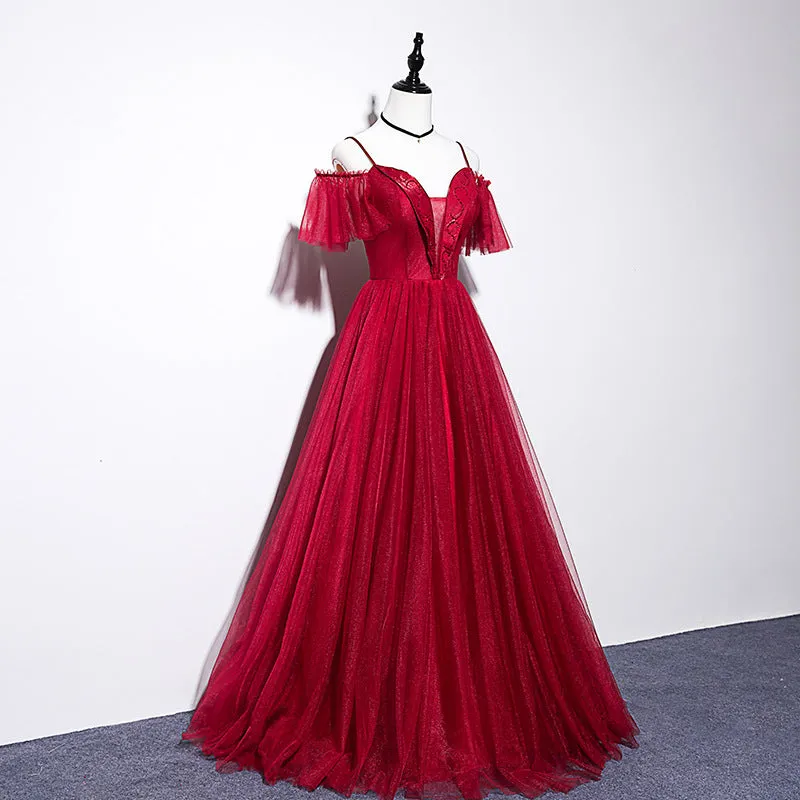 Wine Red Straps Off Shoulder Long Prom Dress Party Dress, Formal Gown Evening Dresses