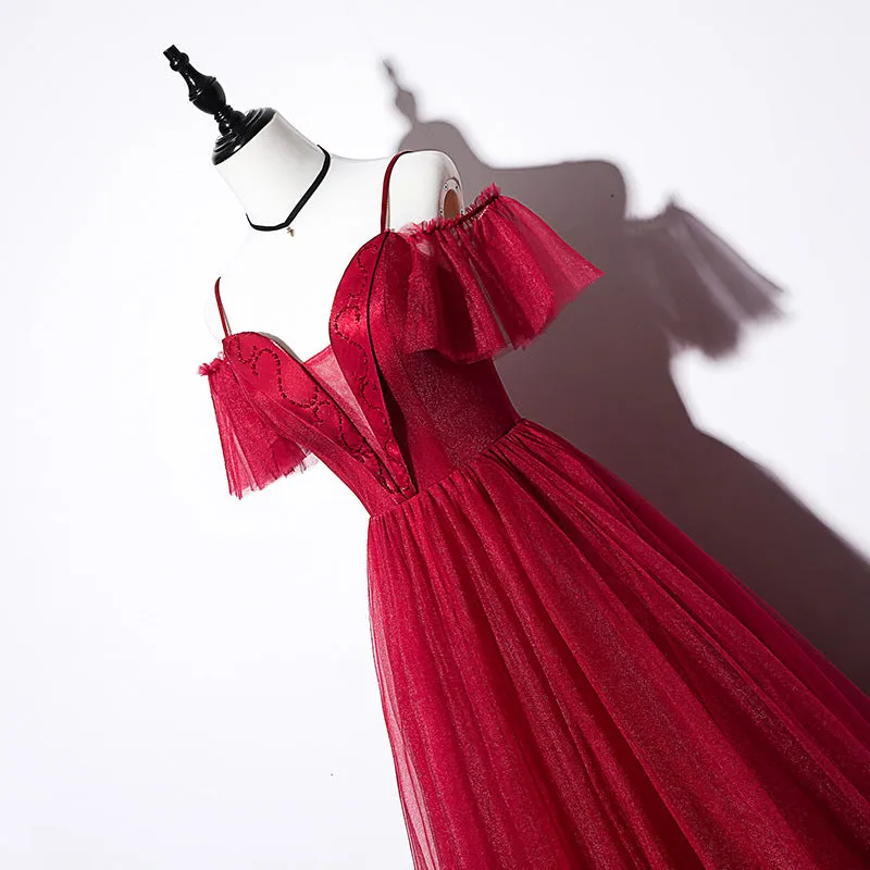 Wine Red Straps Off Shoulder Long Prom Dress Party Dress, Formal Gown Evening Dresses