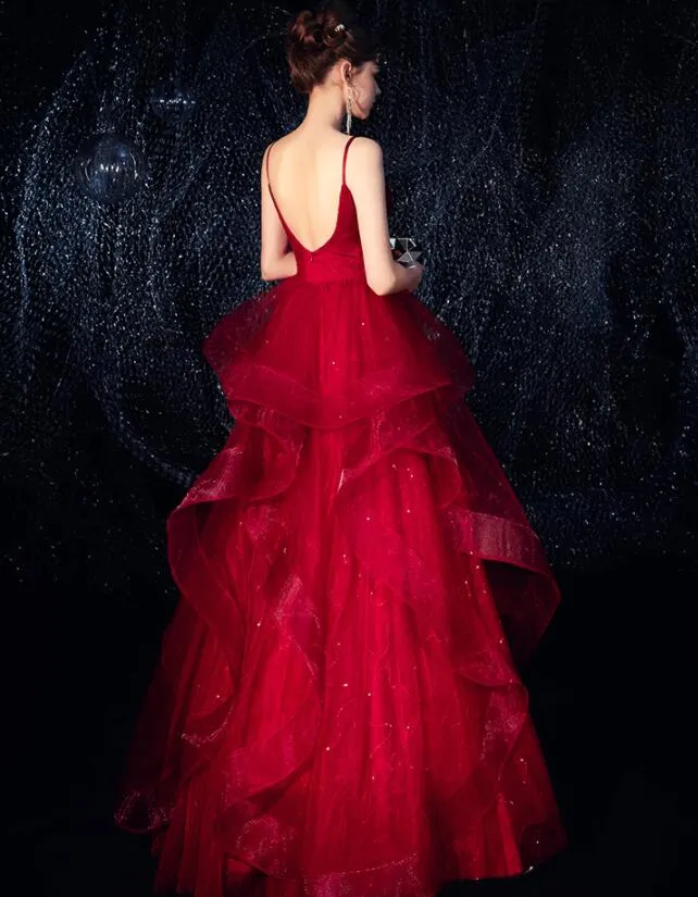 Wine Red Straps Tulle Princess Long Evening Dress Party Dress, Shiny Tulle Evening Gown