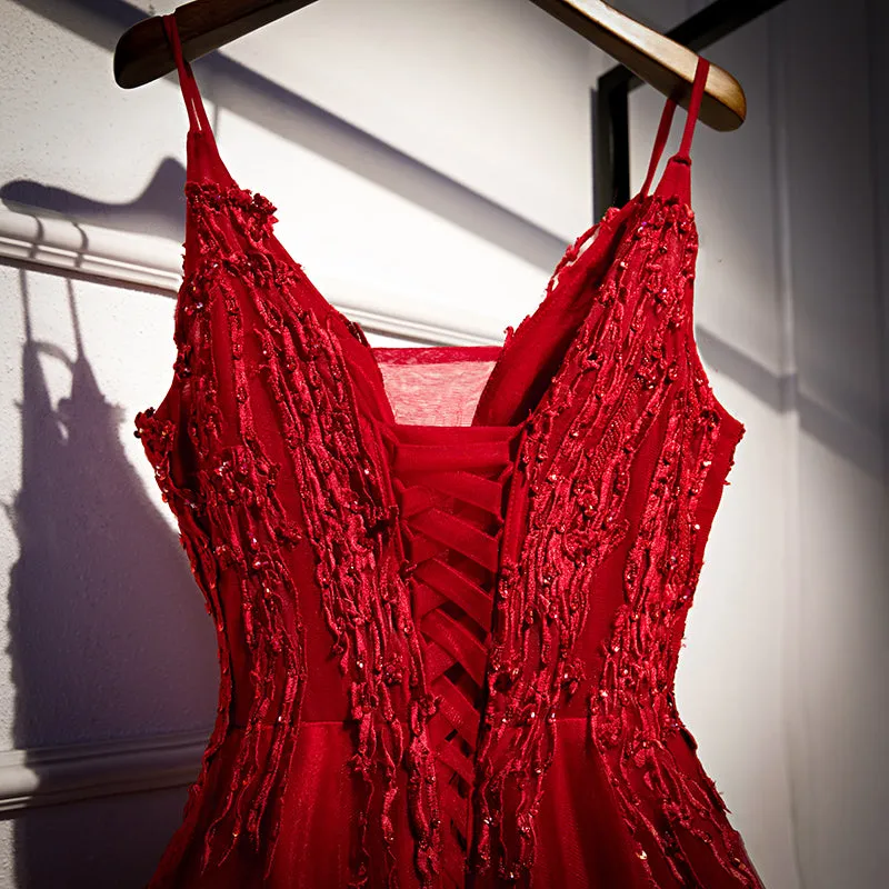 Wine Red Straps V-neckline Lace Applique Long Prom Dress, Dark Red Formal Dresses
