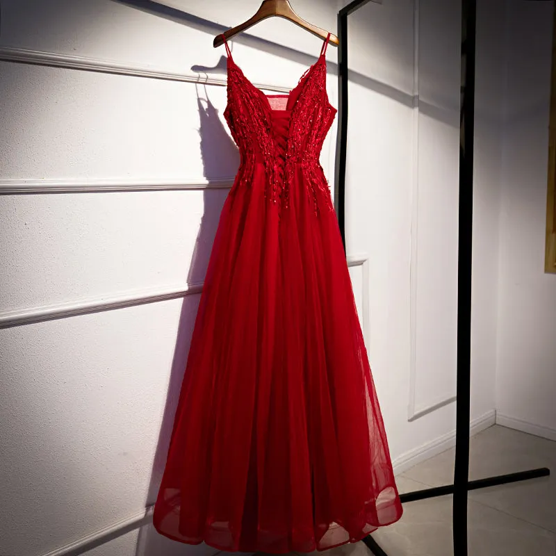 Wine Red Straps V-neckline Lace Applique Long Prom Dress, Dark Red Formal Dresses