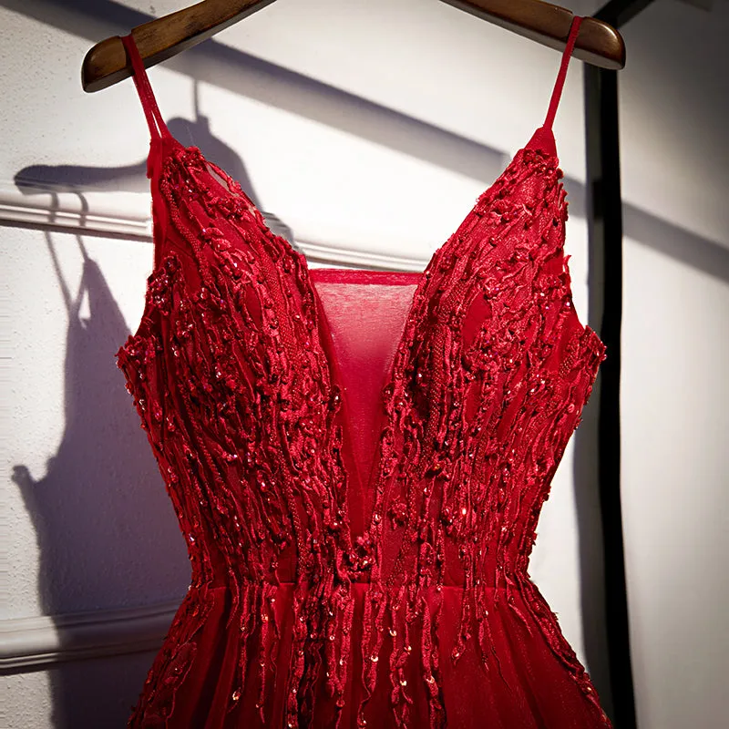 Wine Red Straps V-neckline Lace Applique Long Prom Dress, Dark Red Formal Dresses