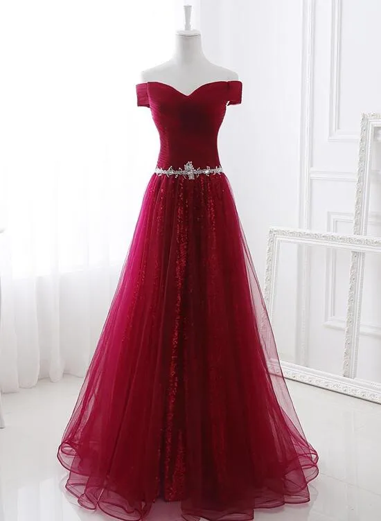 Wine Red Sweetheart Tulle and Sequins Long Formal Gowns, Off Shoulder Party Dresses