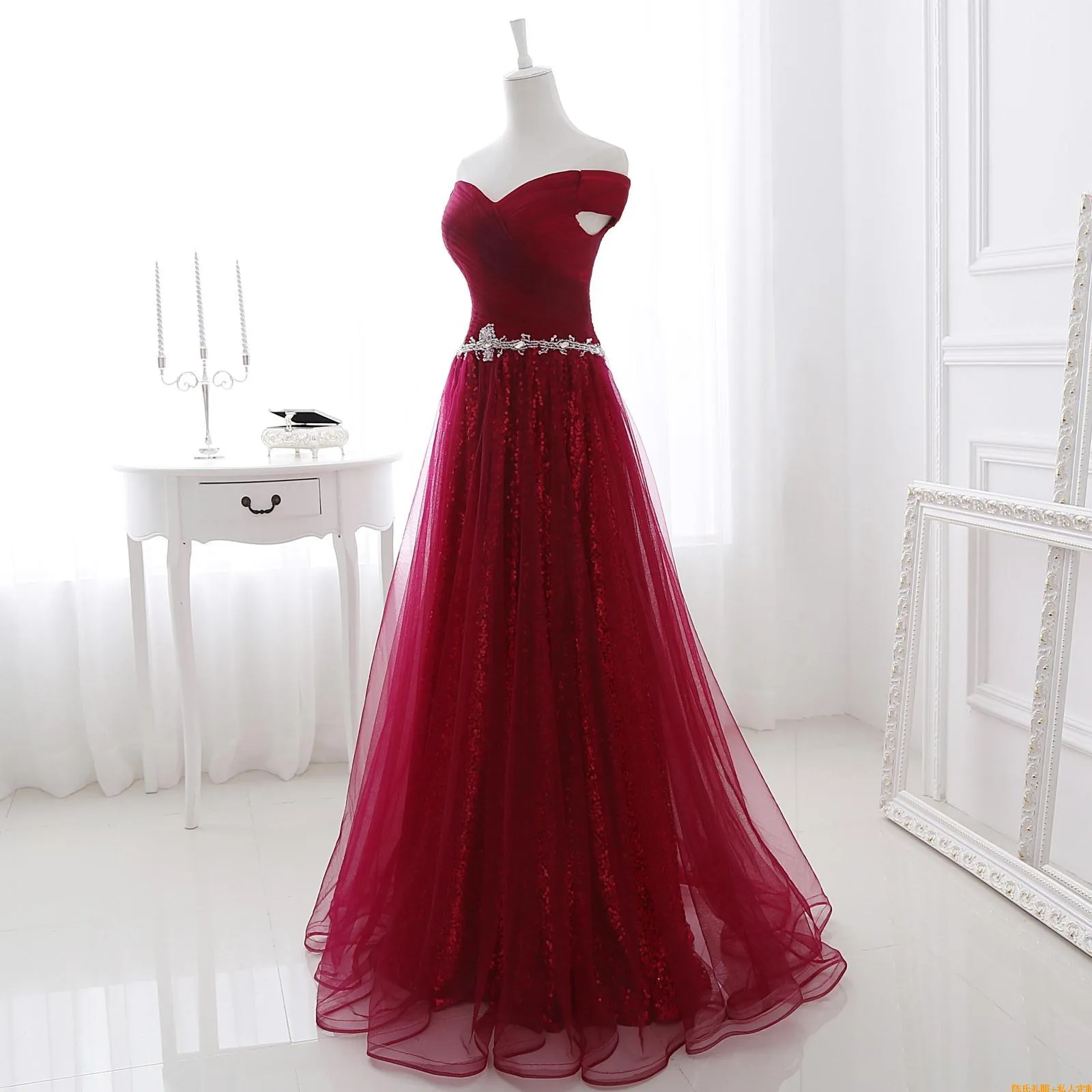 Wine Red Sweetheart Tulle and Sequins Long Formal Gowns, Off Shoulder Party Dresses