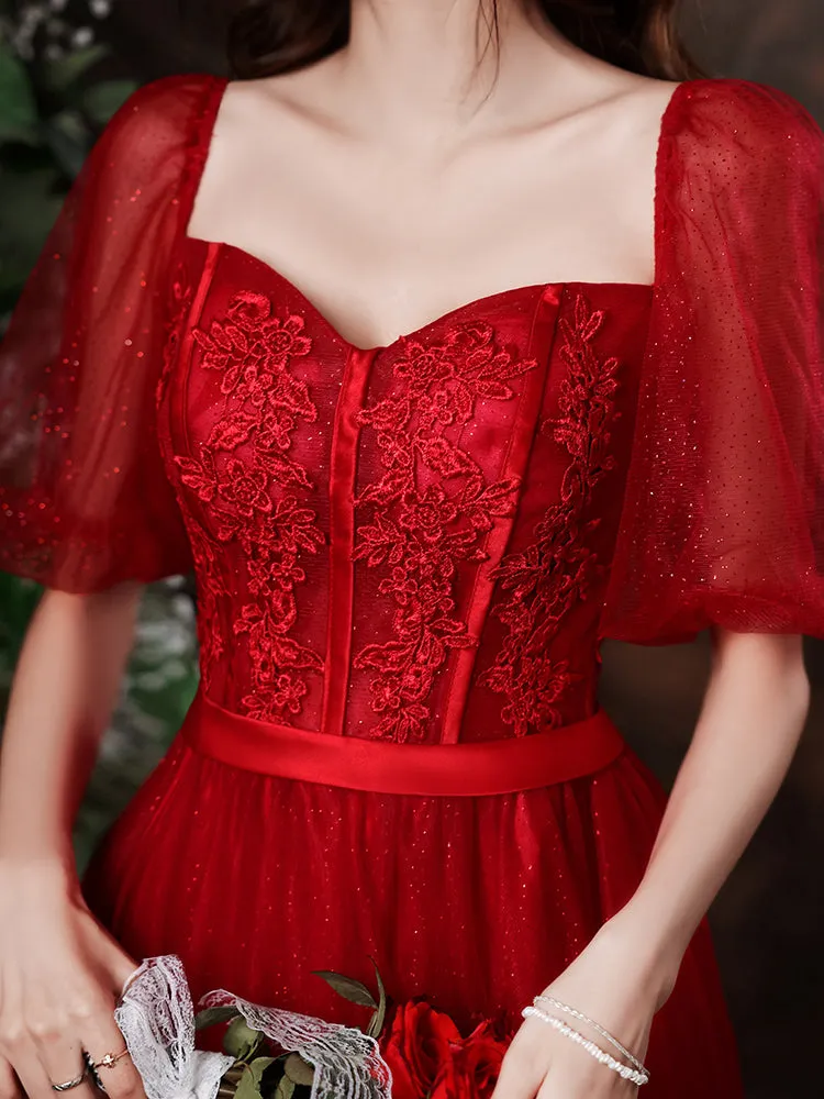 Wine Red Tulle Short Sleeves Tea Length Party Dress with Lace, Dark Red Formal Dresses