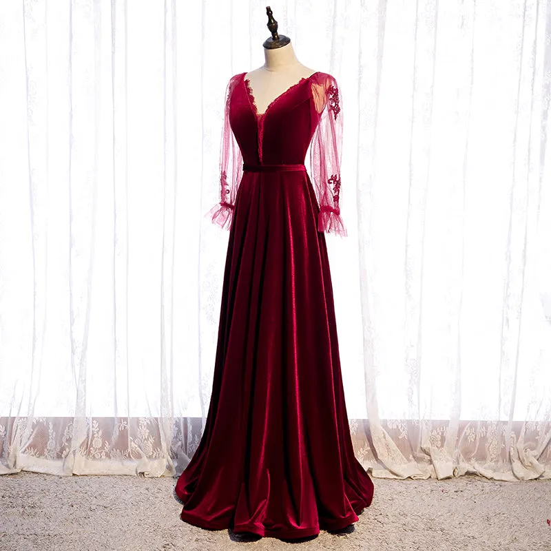 Wine Red Velvet Long Party Dress Prom Dress, A-line Long Sleeves Formal Dresses