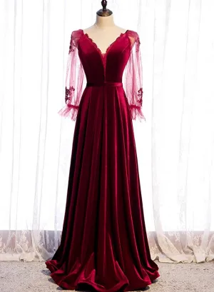 Wine Red Velvet Long Party Dress Prom Dress, A-line Long Sleeves Formal Dresses