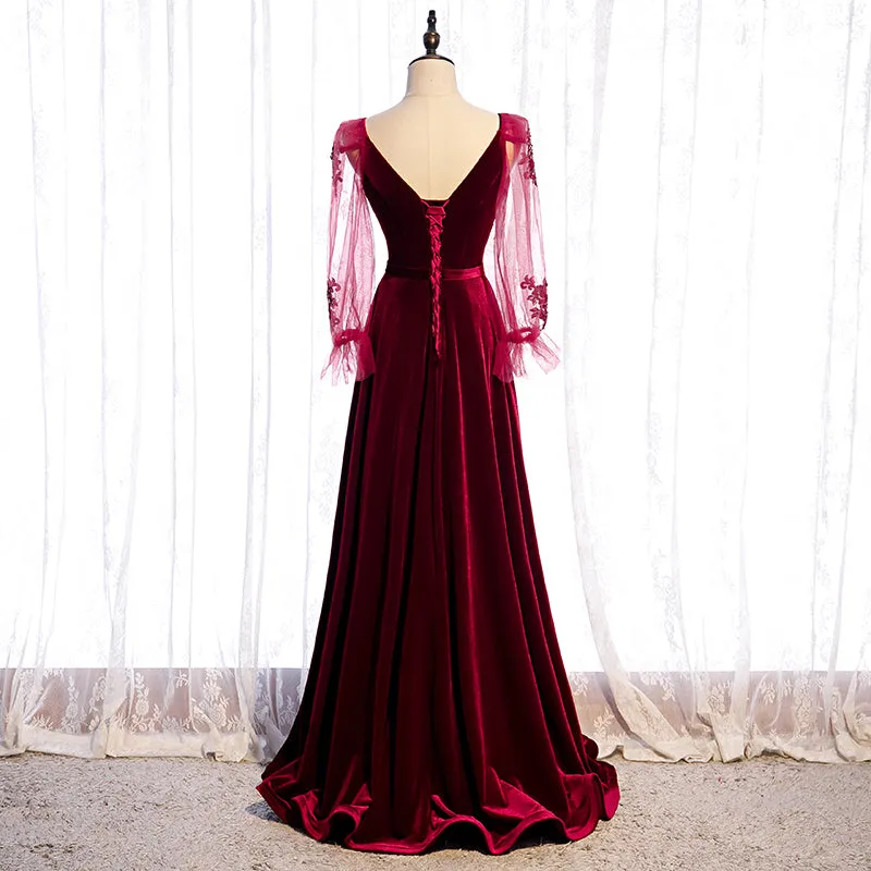Wine Red Velvet Long Party Dress Prom Dress, A-line Long Sleeves Formal Dresses