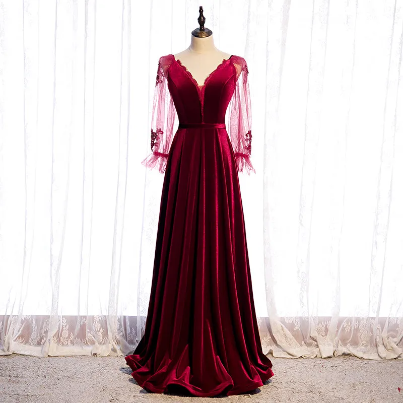 Wine Red Velvet Long Party Dress Prom Dress, A-line Long Sleeves Formal Dresses
