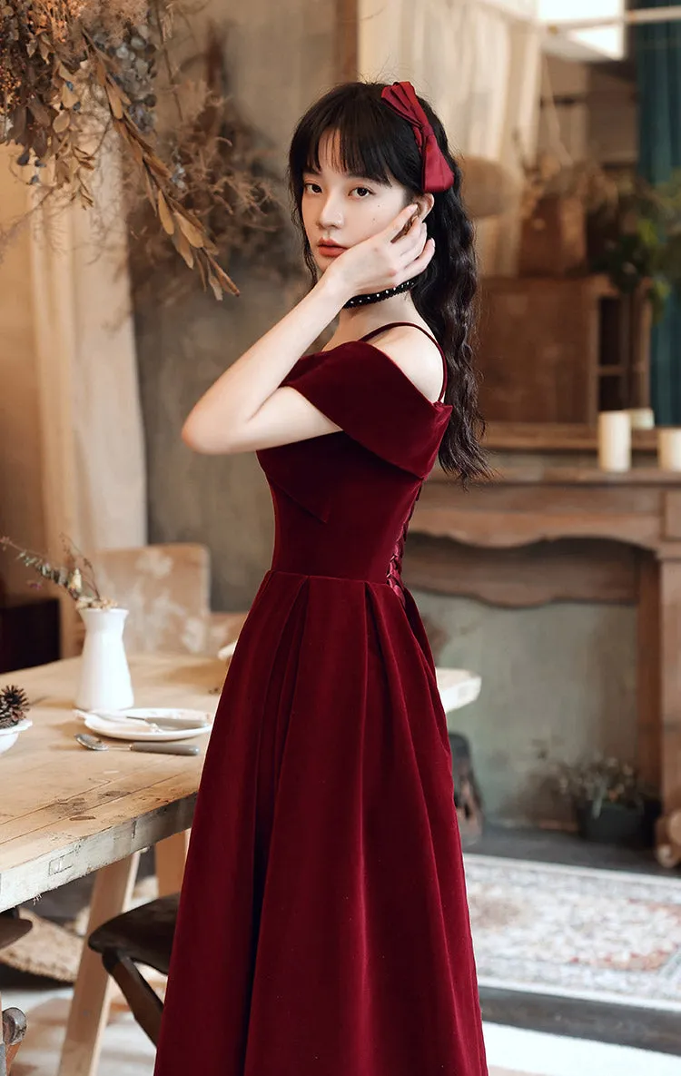 Wine Red Velvet Off Shoulder Long Evening Dress, Dark Red Party Dress Formal Dress