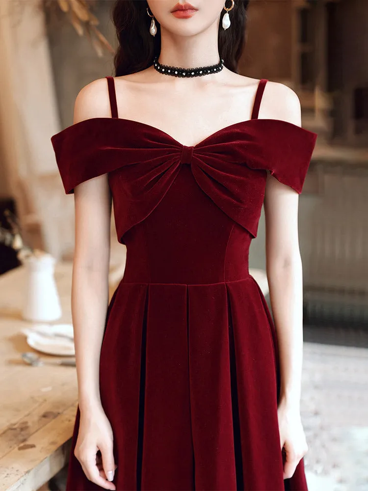 Wine Red Velvet Off Shoulder Long Evening Dress, Dark Red Party Dress Formal Dress