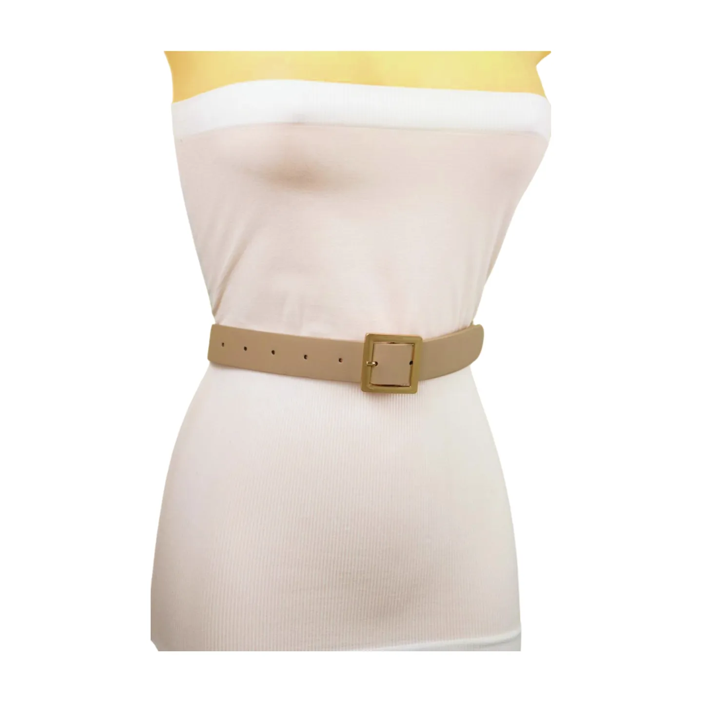 Women Beige Tan Faux Leather Skinny Fashion Belt Gold Metal Square Buckle S M