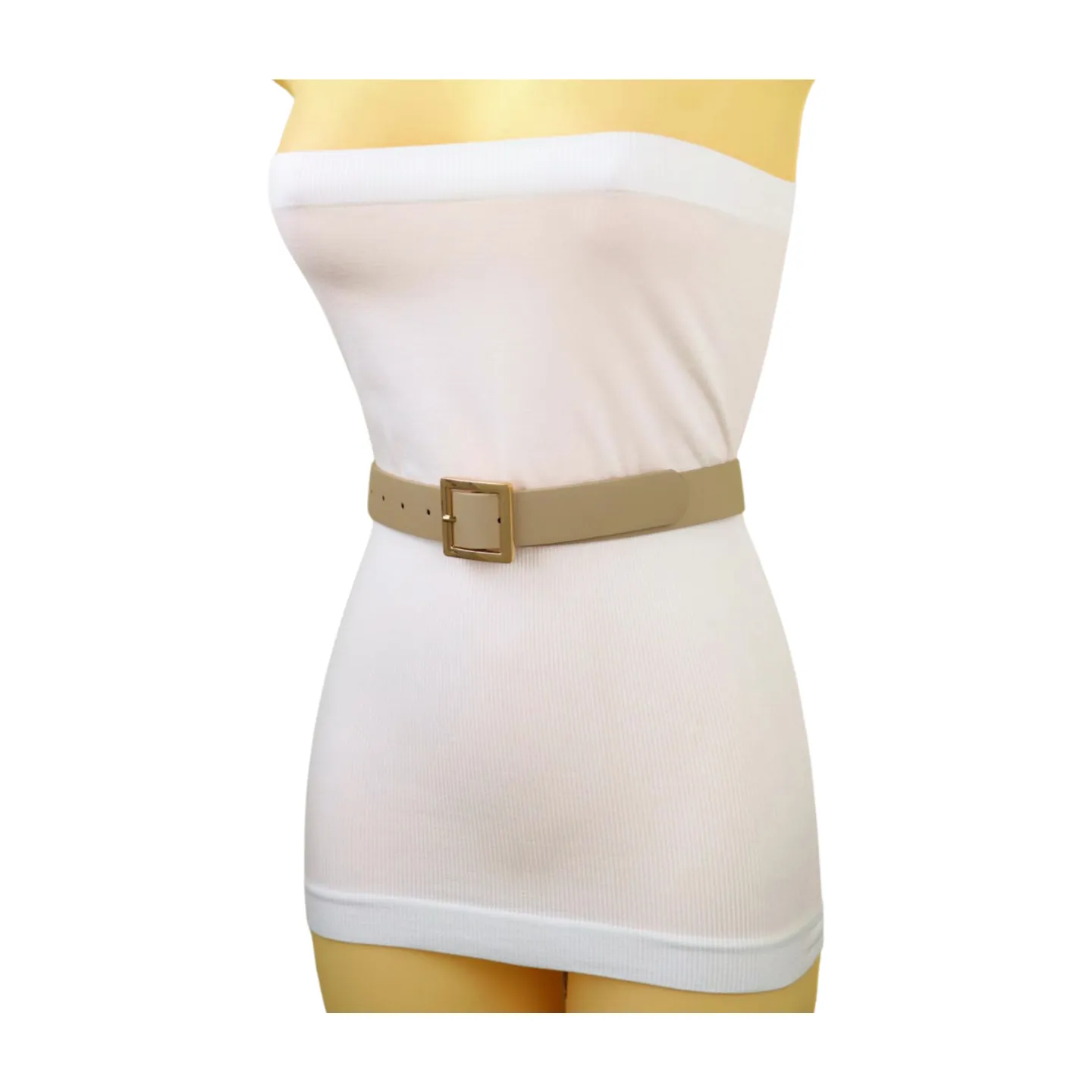 Women Beige Tan Faux Leather Skinny Fashion Belt Gold Metal Square Buckle S M
