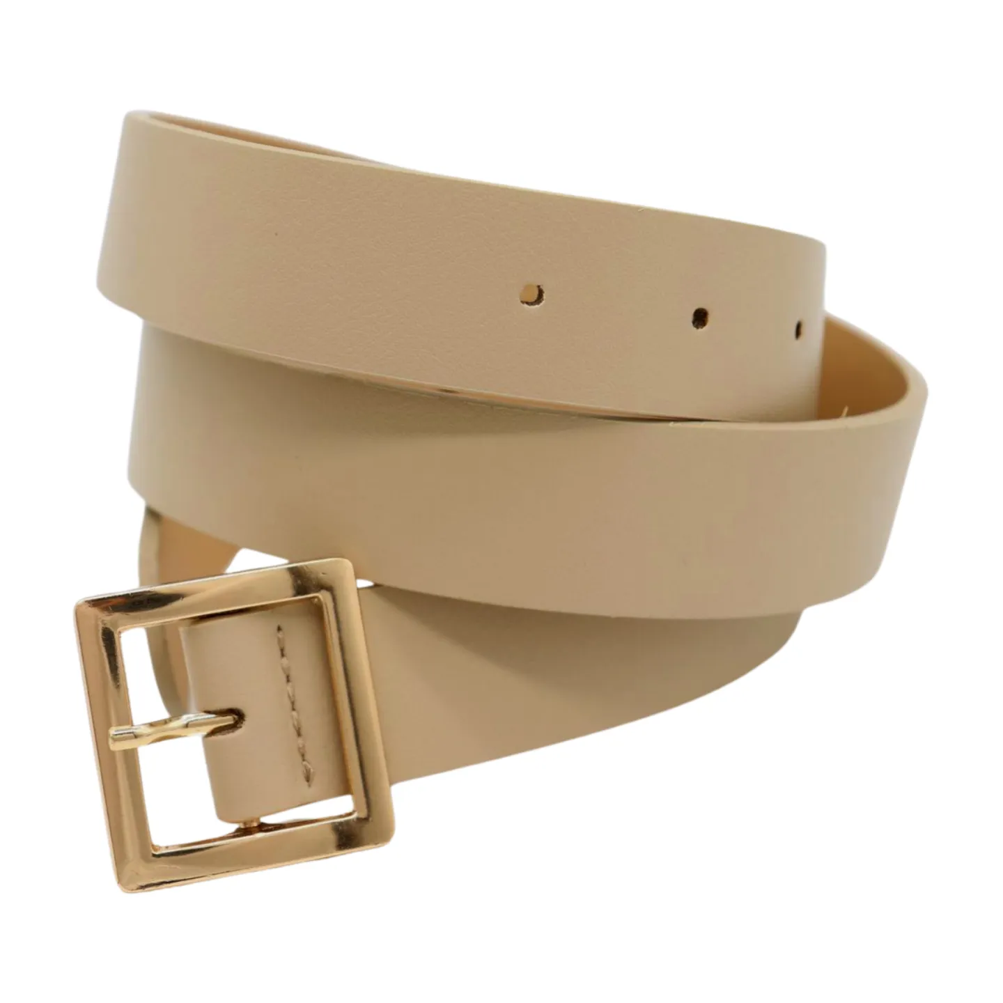 Women Beige Tan Faux Leather Skinny Fashion Belt Gold Metal Square Buckle S M