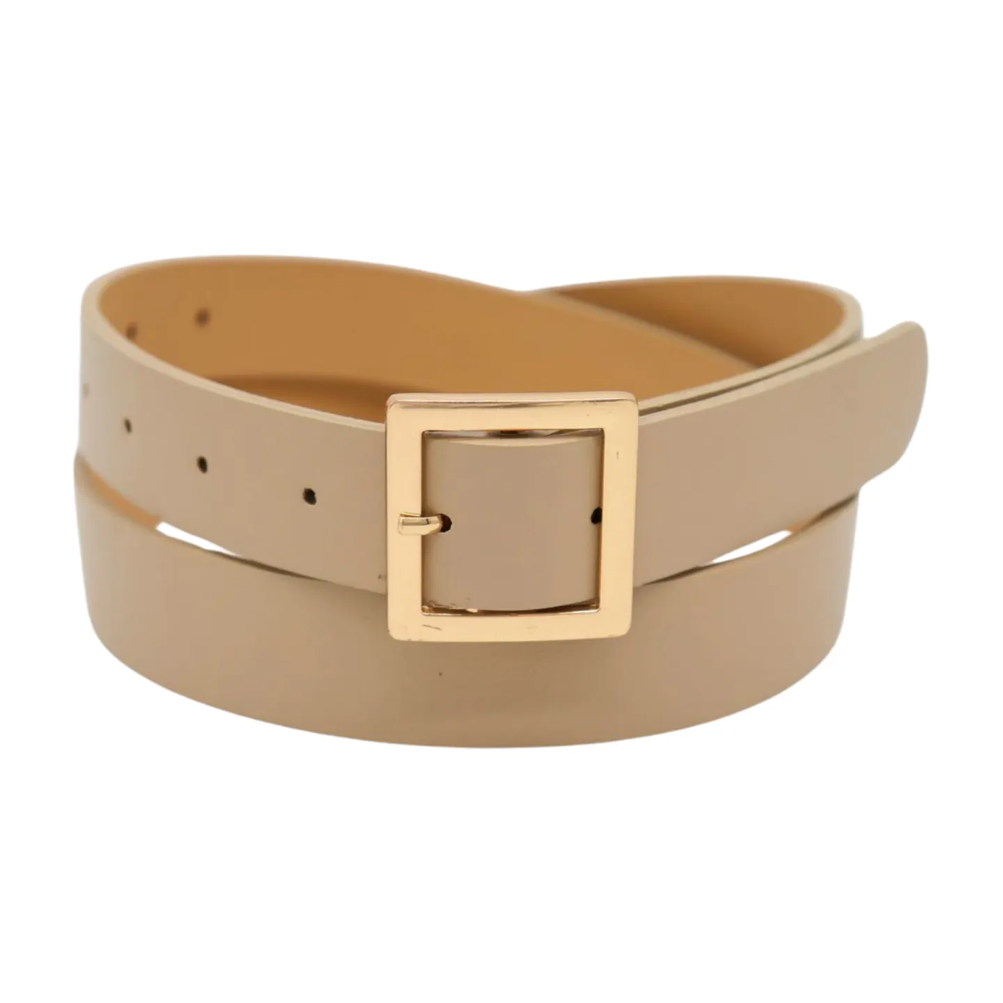 Women Beige Tan Faux Leather Skinny Fashion Belt Gold Metal Square Buckle S M