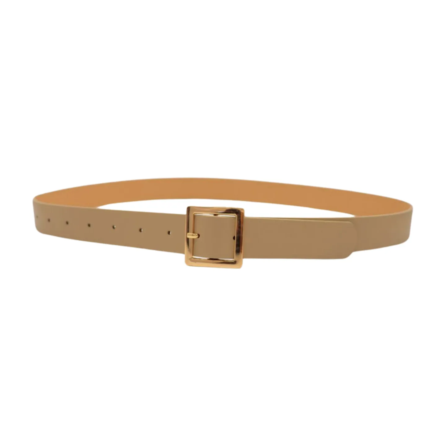 Women Beige Tan Faux Leather Skinny Fashion Belt Gold Metal Square Buckle S M