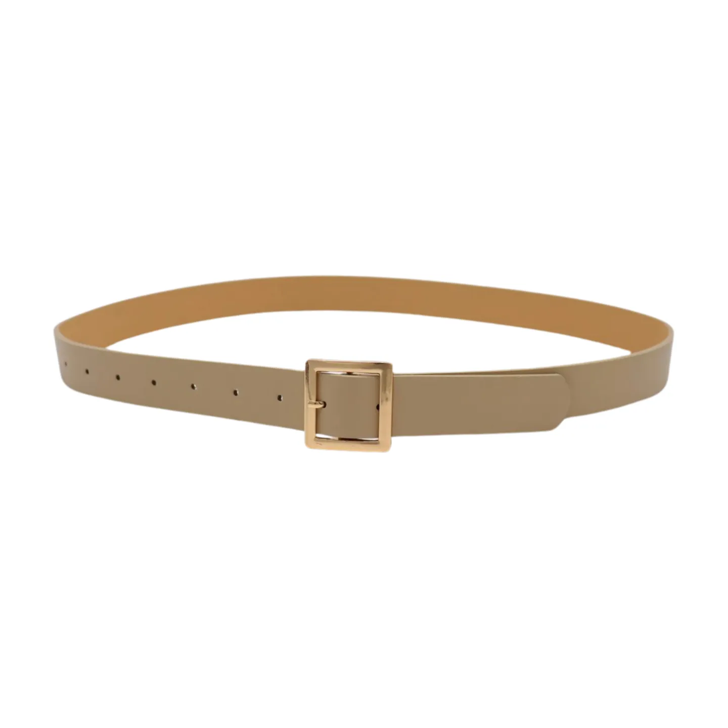 Women Beige Tan Faux Leather Skinny Fashion Belt Gold Metal Square Buckle S M