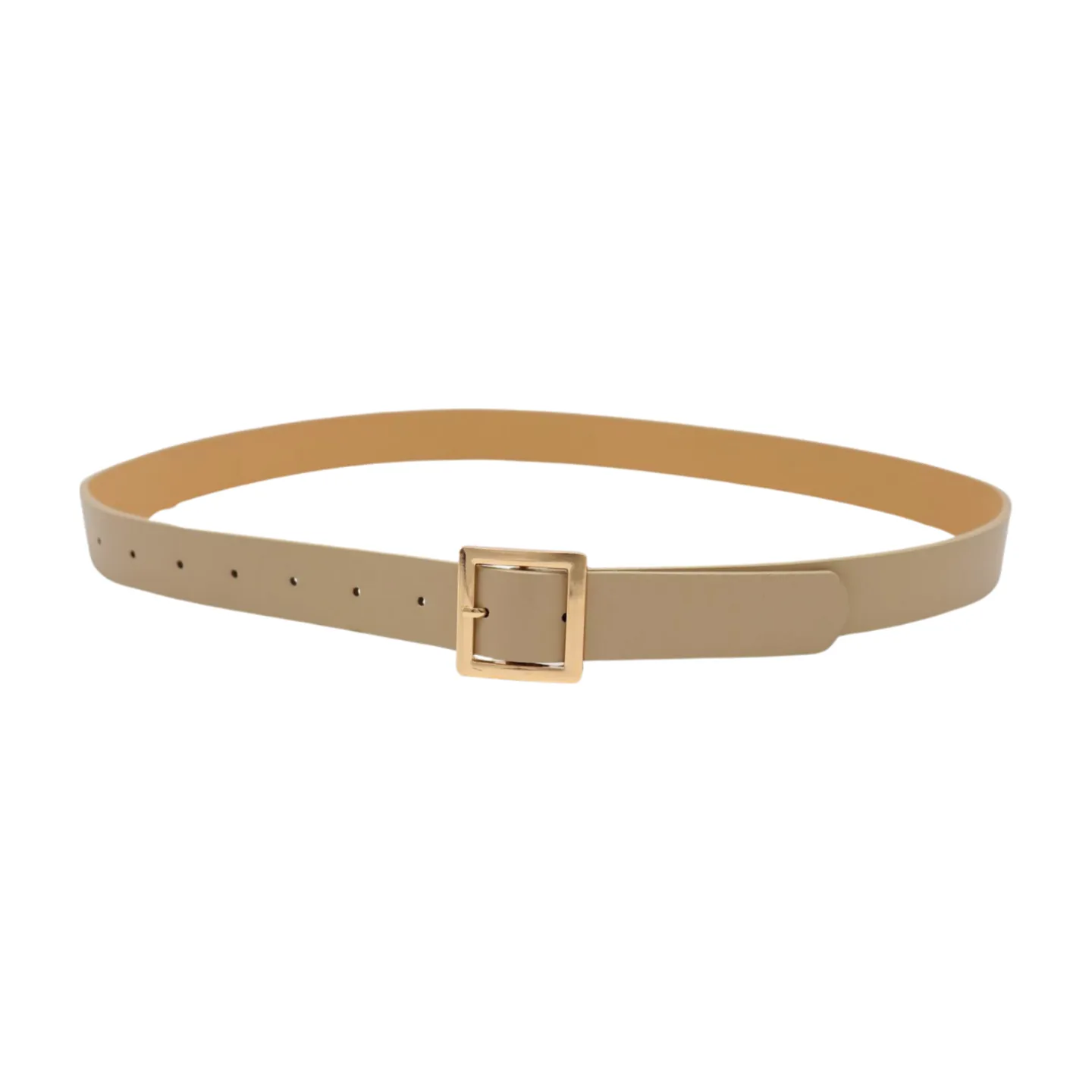 Women Beige Tan Faux Leather Skinny Fashion Belt Gold Metal Square Buckle S M