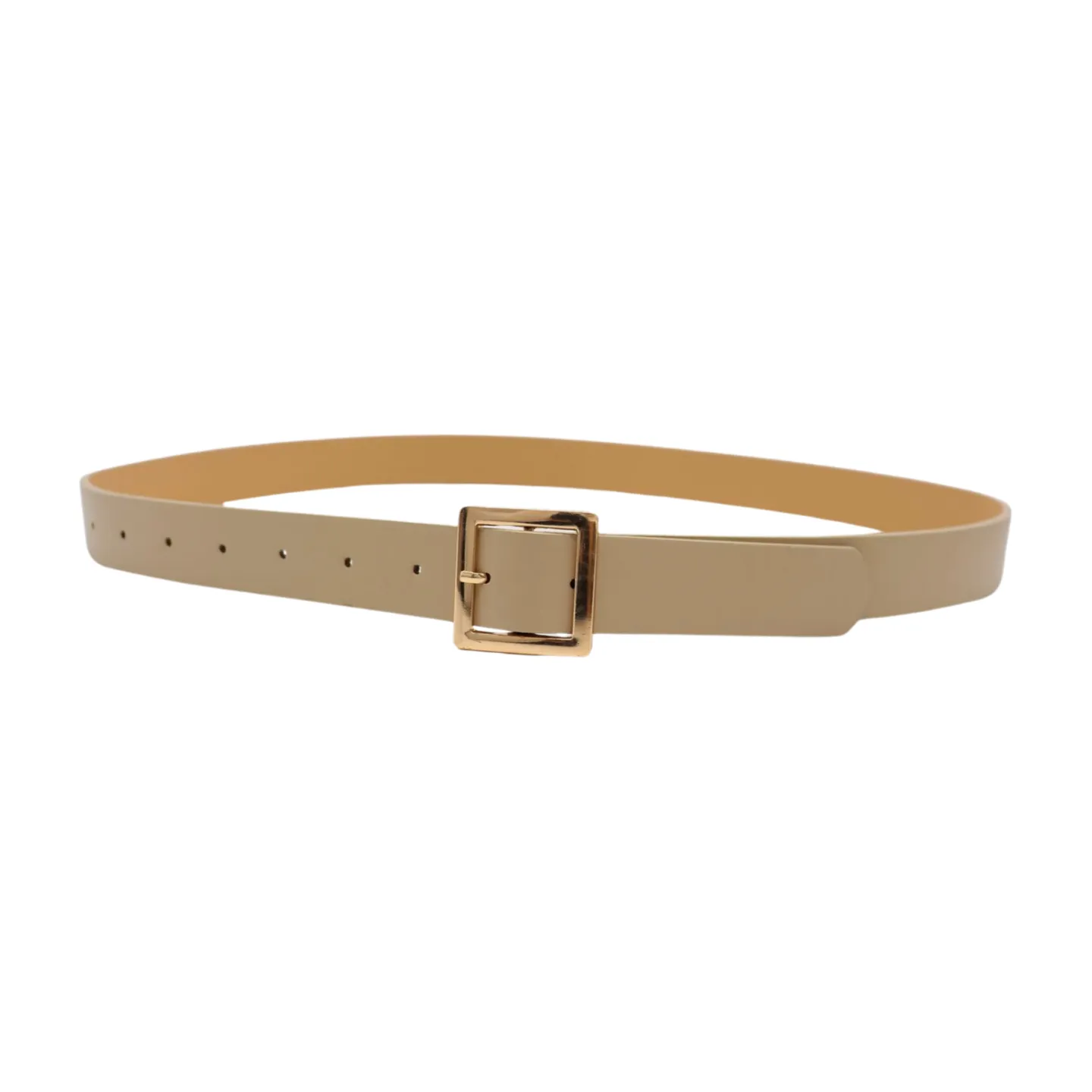 Women Beige Tan Faux Leather Skinny Fashion Belt Gold Metal Square Buckle S M