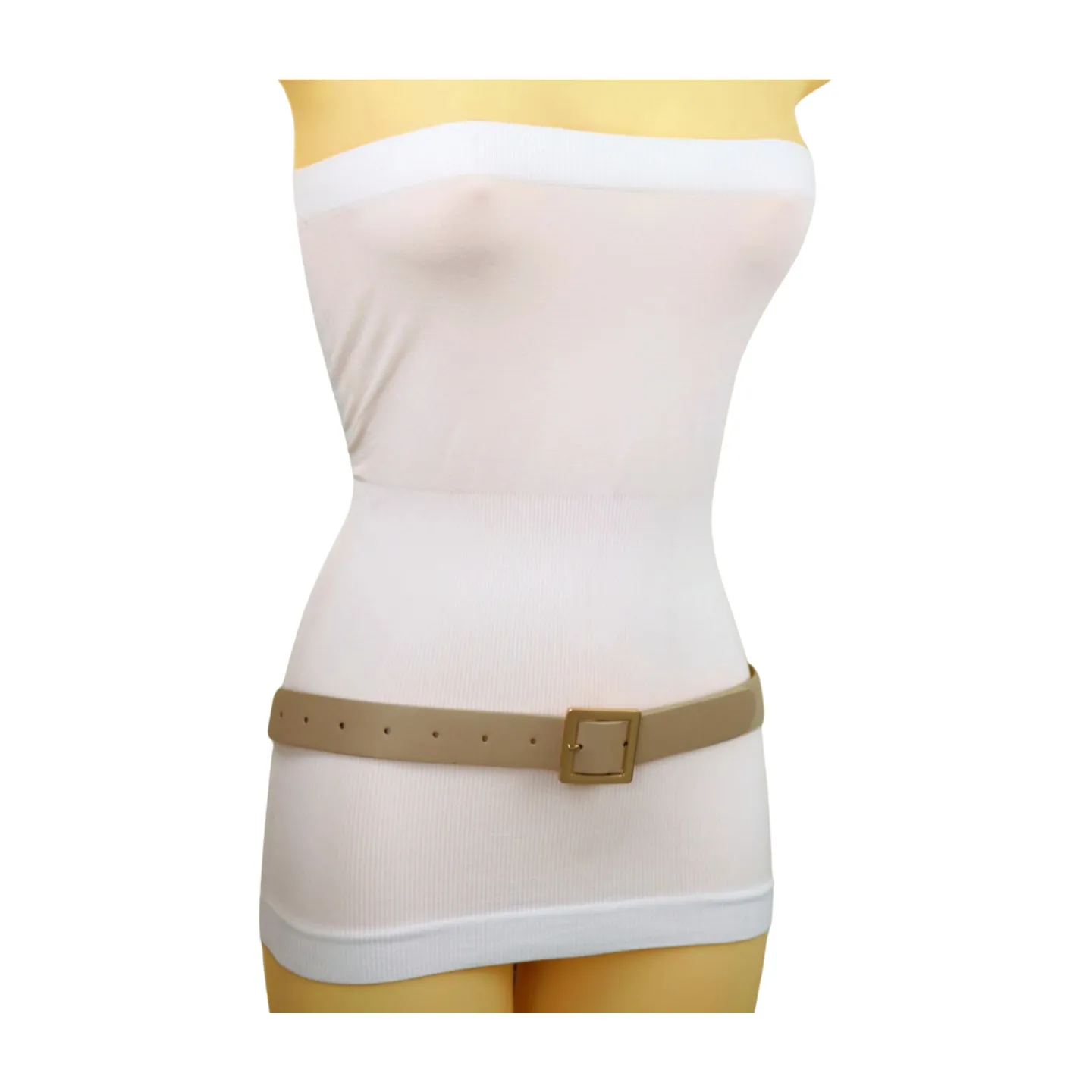 Women Beige Tan Faux Leather Skinny Fashion Belt Gold Metal Square Buckle S M