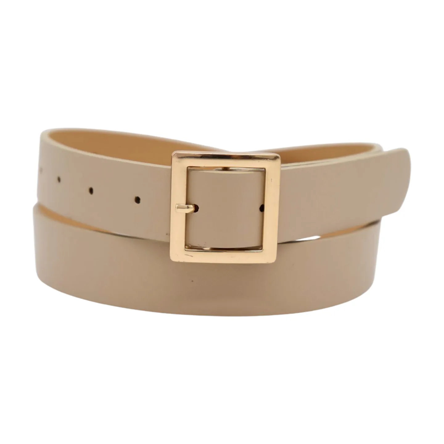 Women Beige Tan Faux Leather Skinny Fashion Belt Gold Metal Square Buckle S M