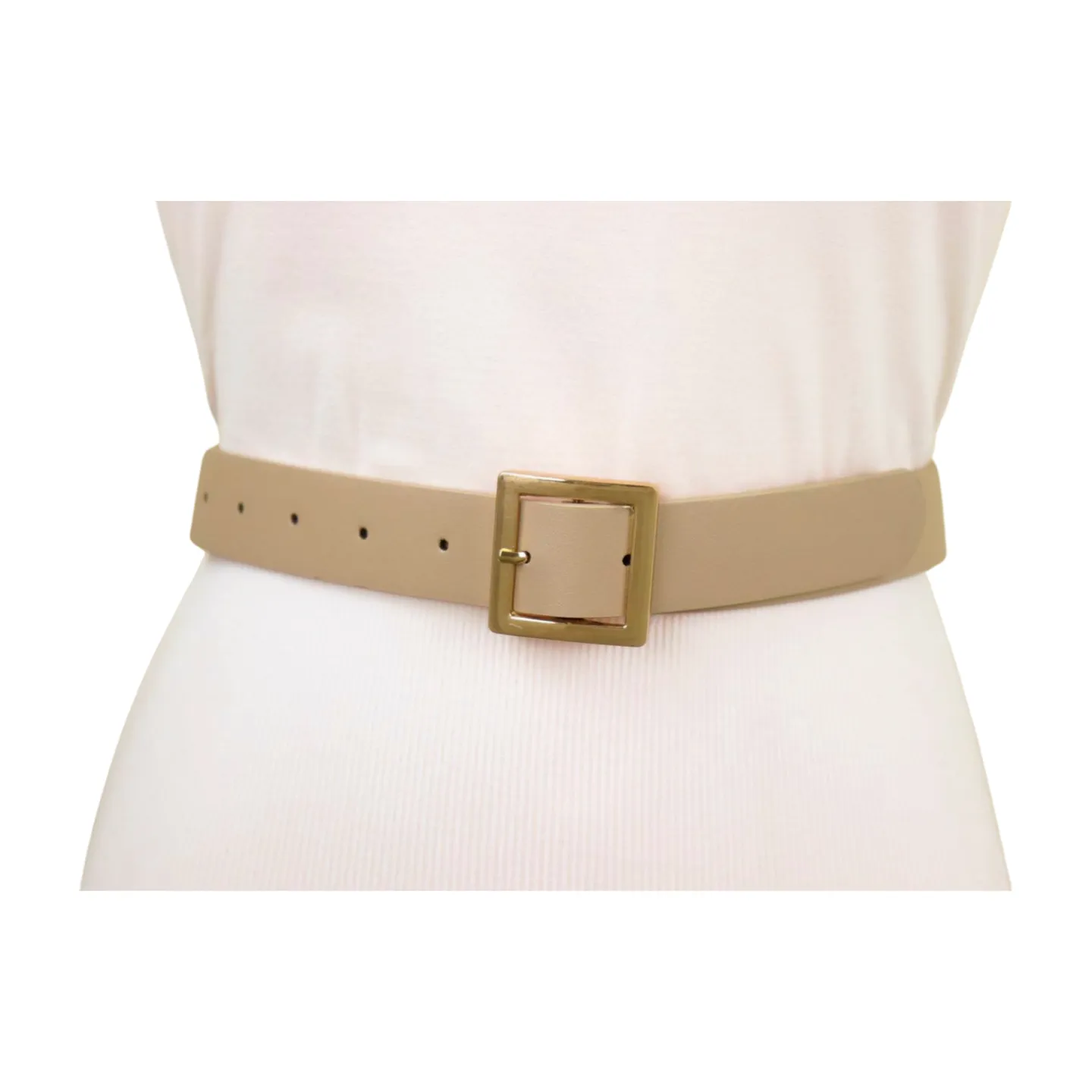 Women Beige Tan Faux Leather Skinny Fashion Belt Gold Metal Square Buckle S M