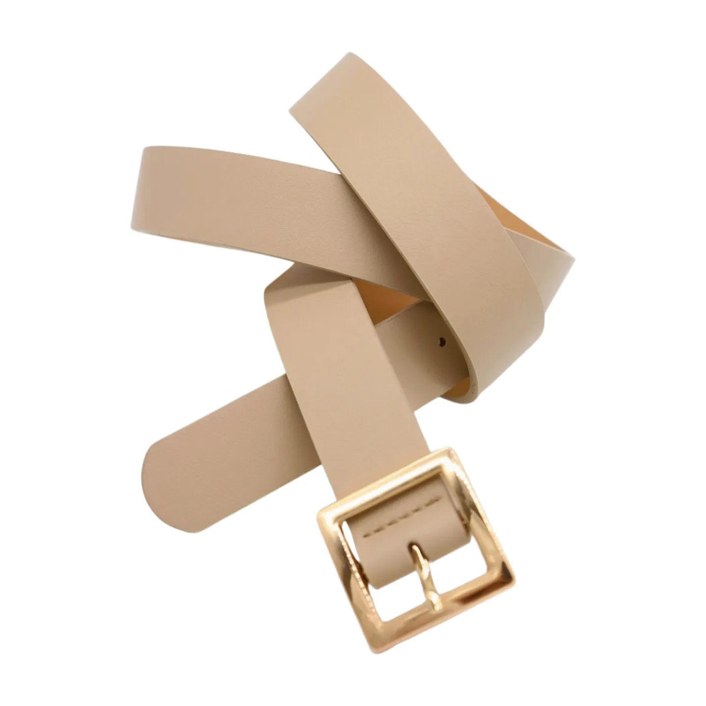 Women Beige Tan Faux Leather Skinny Fashion Belt Gold Metal Square Buckle S M