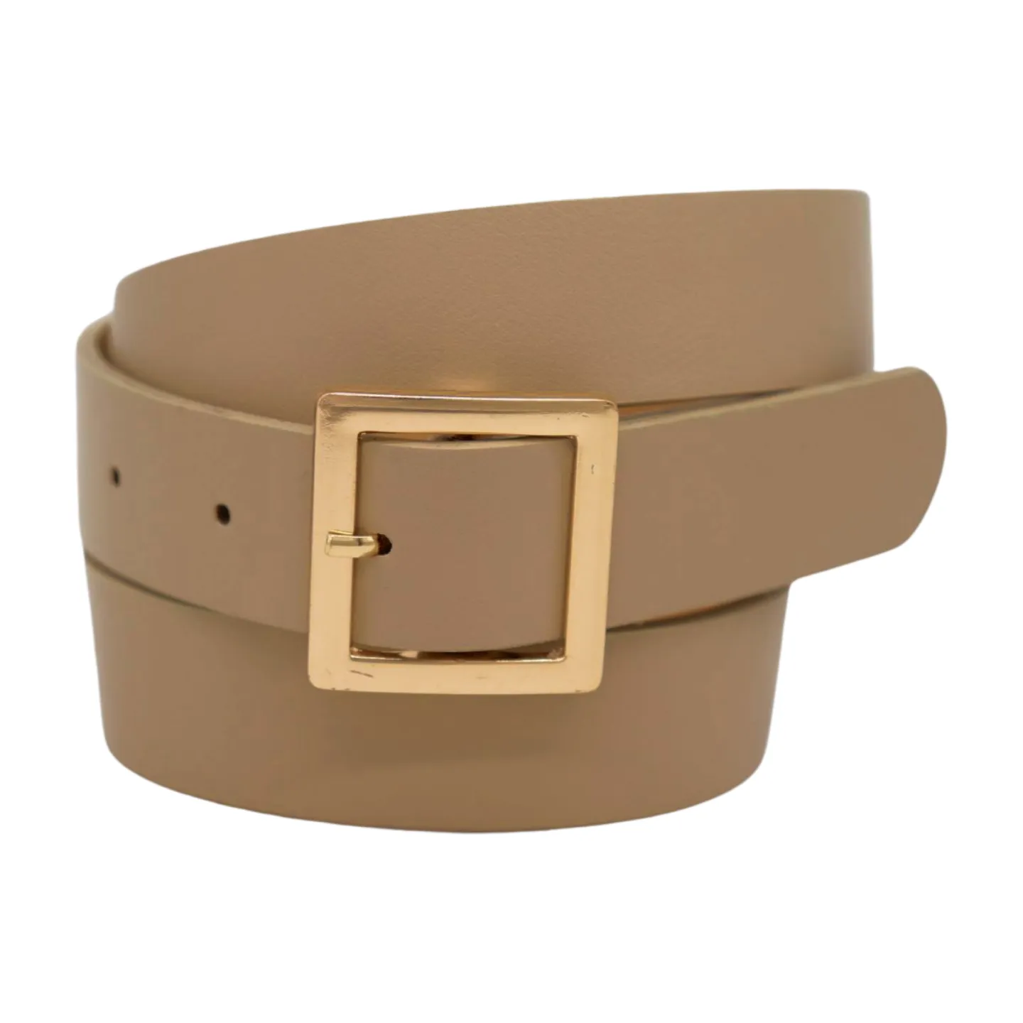 Women Beige Tan Faux Leather Skinny Fashion Belt Gold Metal Square Buckle S M
