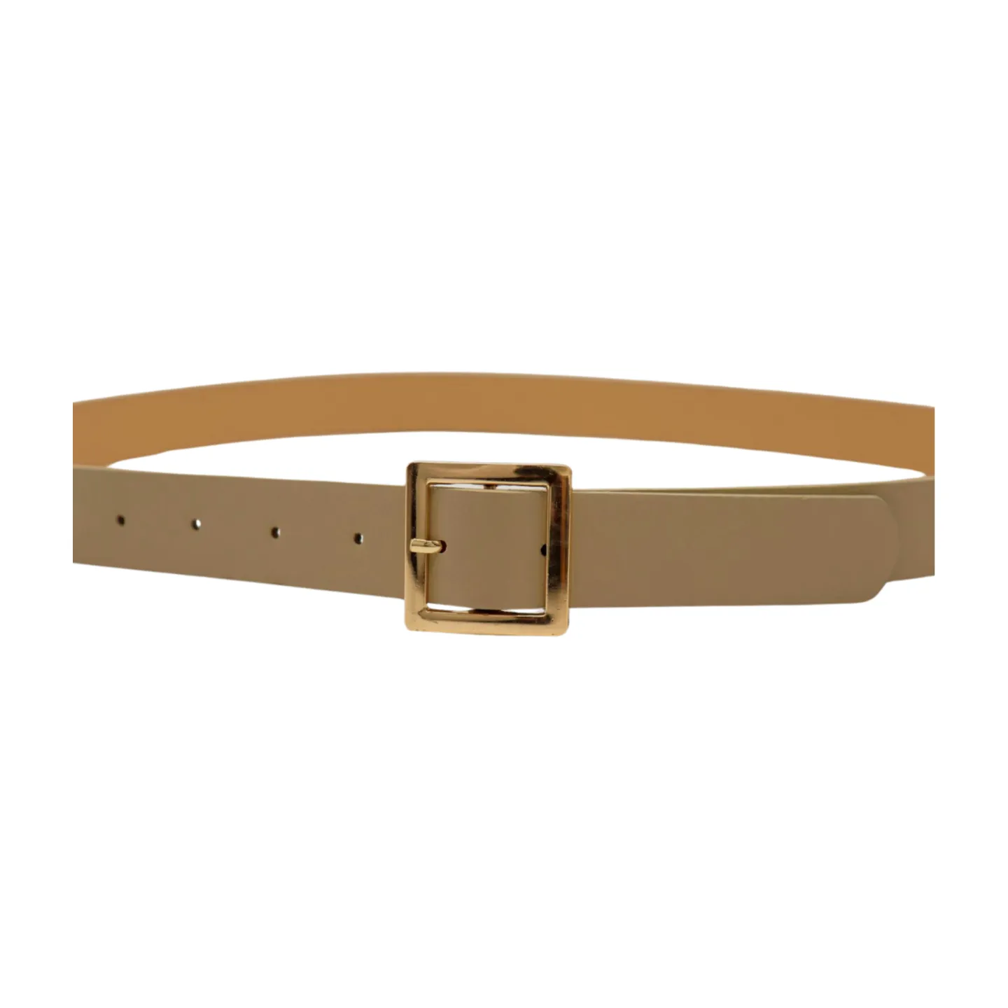 Women Beige Tan Faux Leather Skinny Fashion Belt Gold Metal Square Buckle S M
