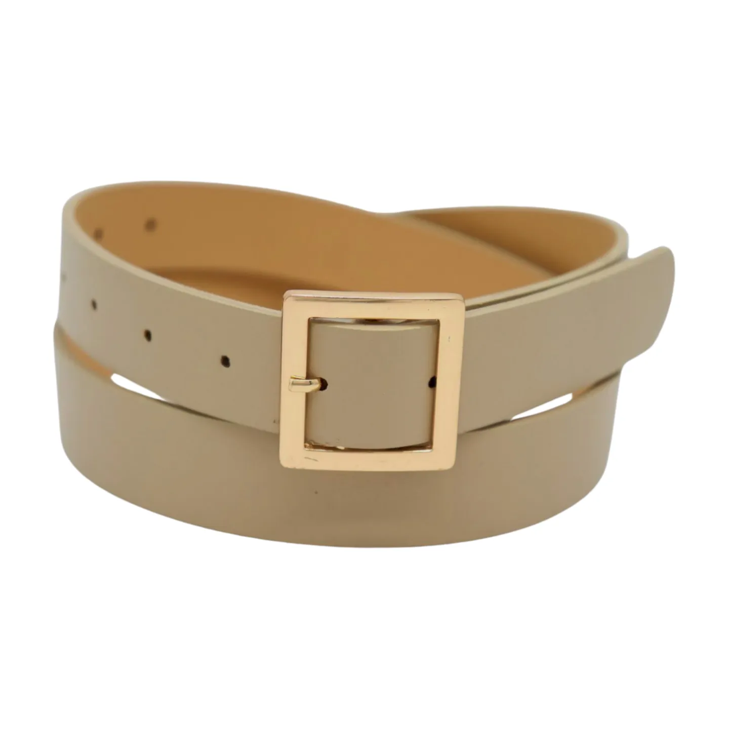 Women Beige Tan Faux Leather Skinny Fashion Belt Gold Metal Square Buckle S M
