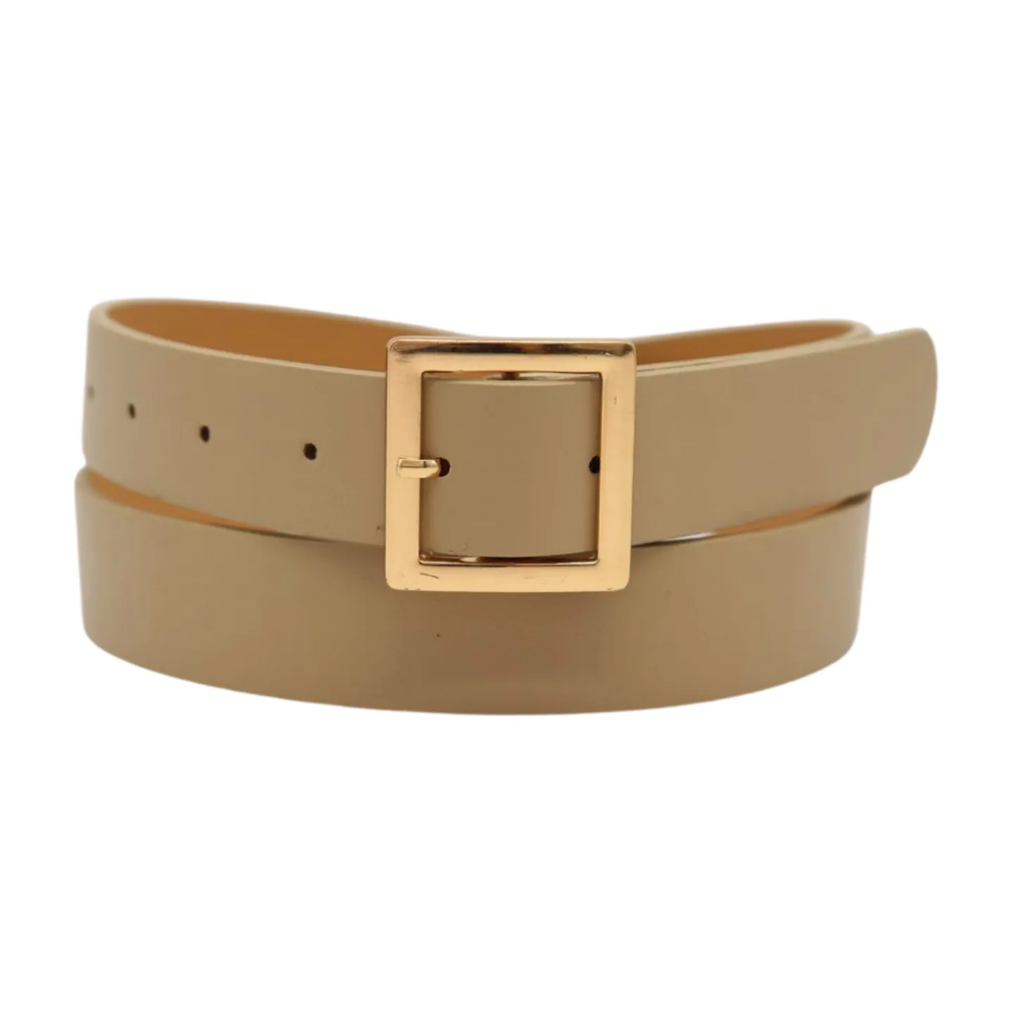 Women Beige Tan Faux Leather Skinny Fashion Belt Gold Metal Square Buckle S M