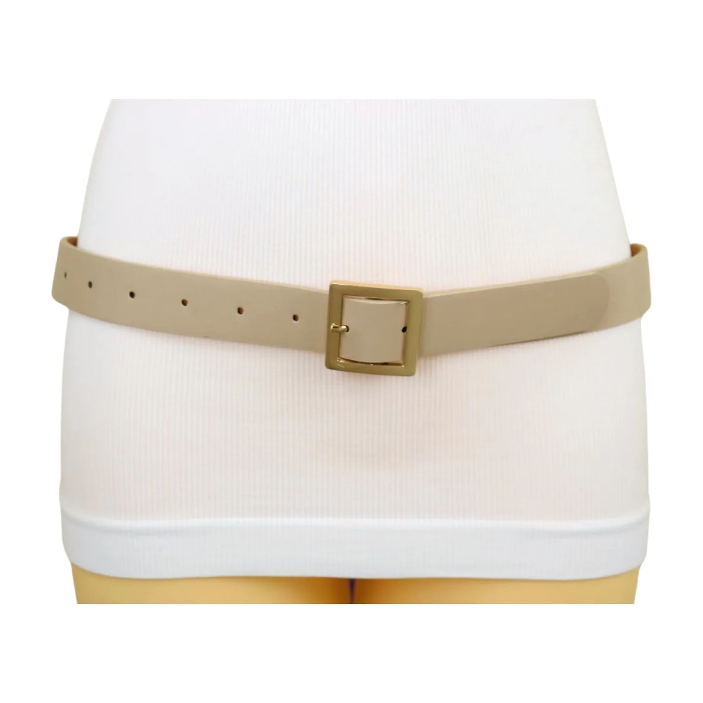 Women Beige Tan Faux Leather Skinny Fashion Belt Gold Metal Square Buckle S M