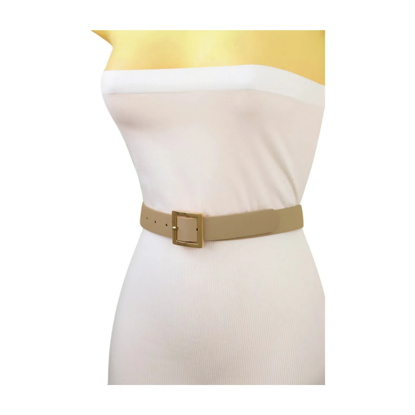 Women Beige Tan Faux Leather Skinny Fashion Belt Gold Metal Square Buckle S M