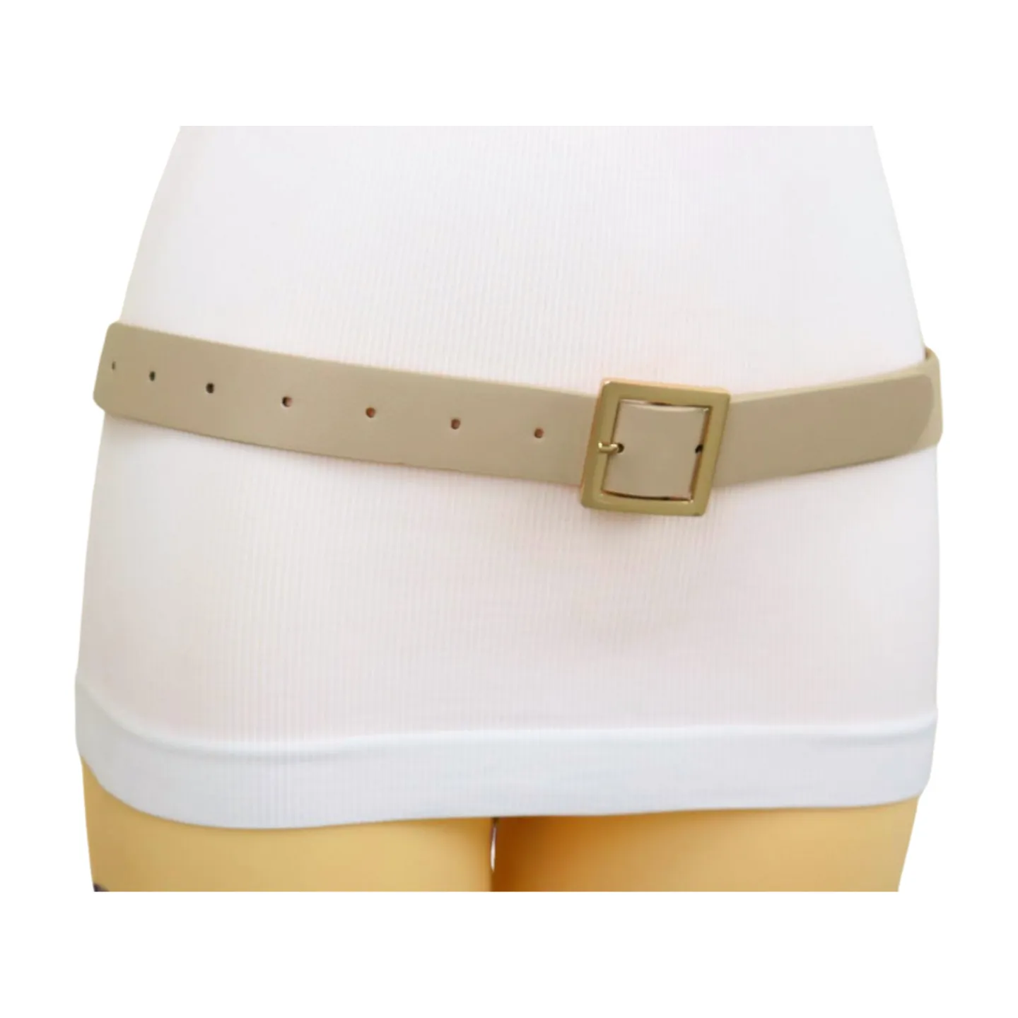 Women Beige Tan Faux Leather Skinny Fashion Belt Gold Metal Square Buckle S M