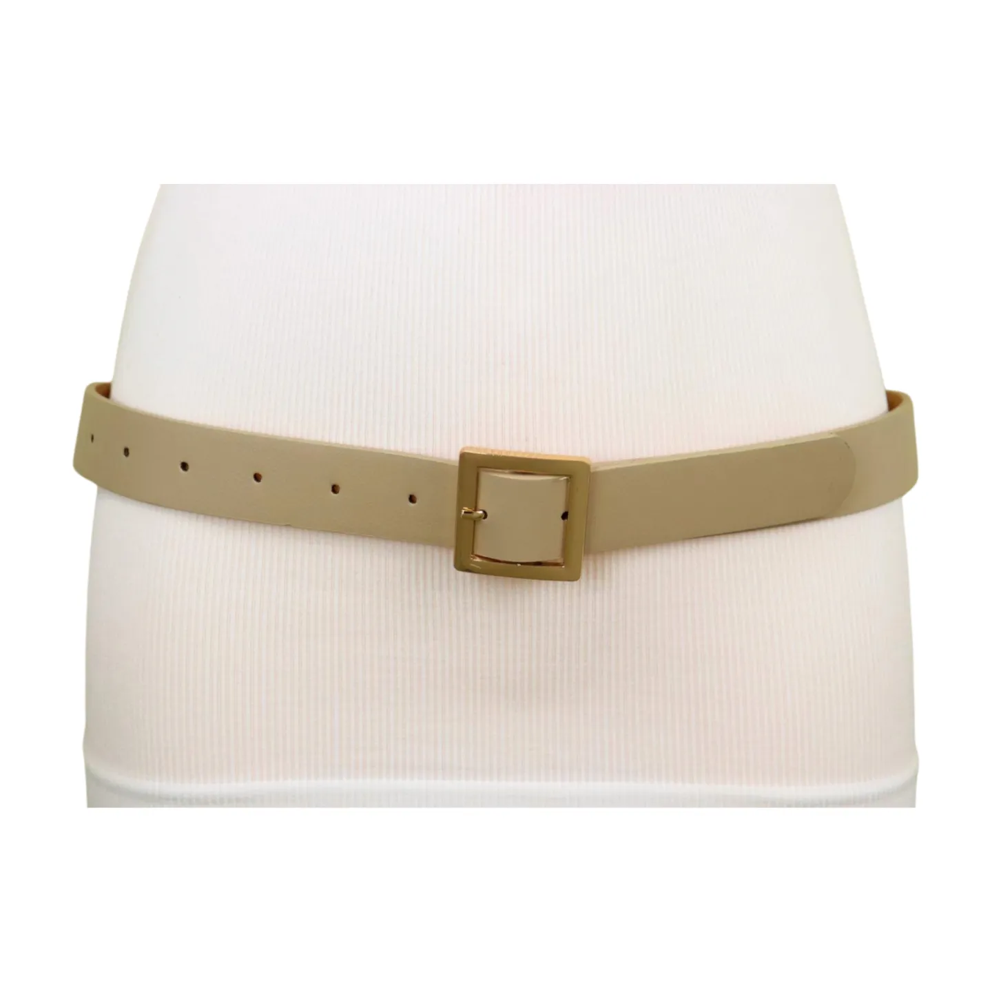Women Beige Tan Faux Leather Skinny Fashion Belt Gold Metal Square Buckle S M