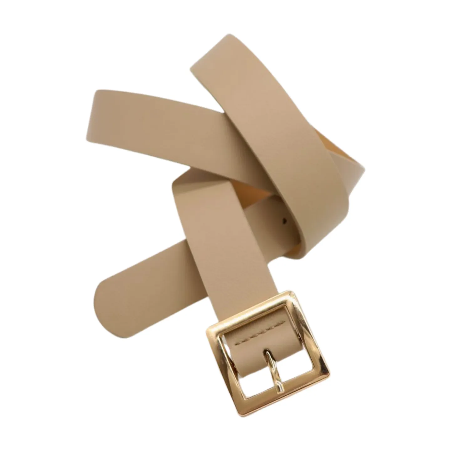 Women Beige Tan Faux Leather Skinny Fashion Belt Gold Metal Square Buckle S M