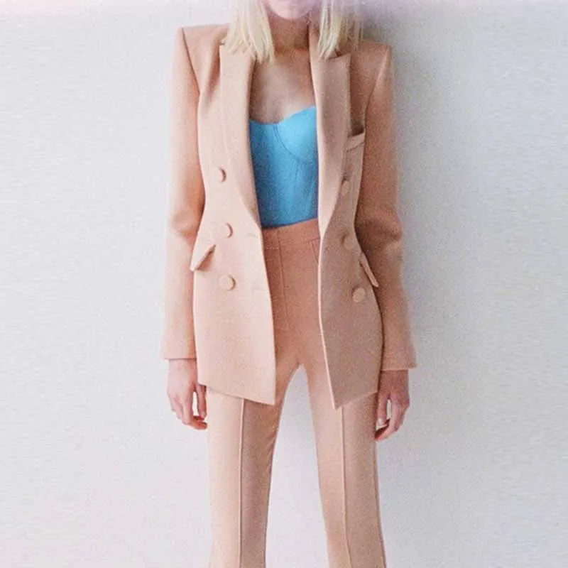 Women Brown Beige Pantsuit Double Breasts Fitted Blazer   Mid-High Rise Flare Trousers Pants Suit