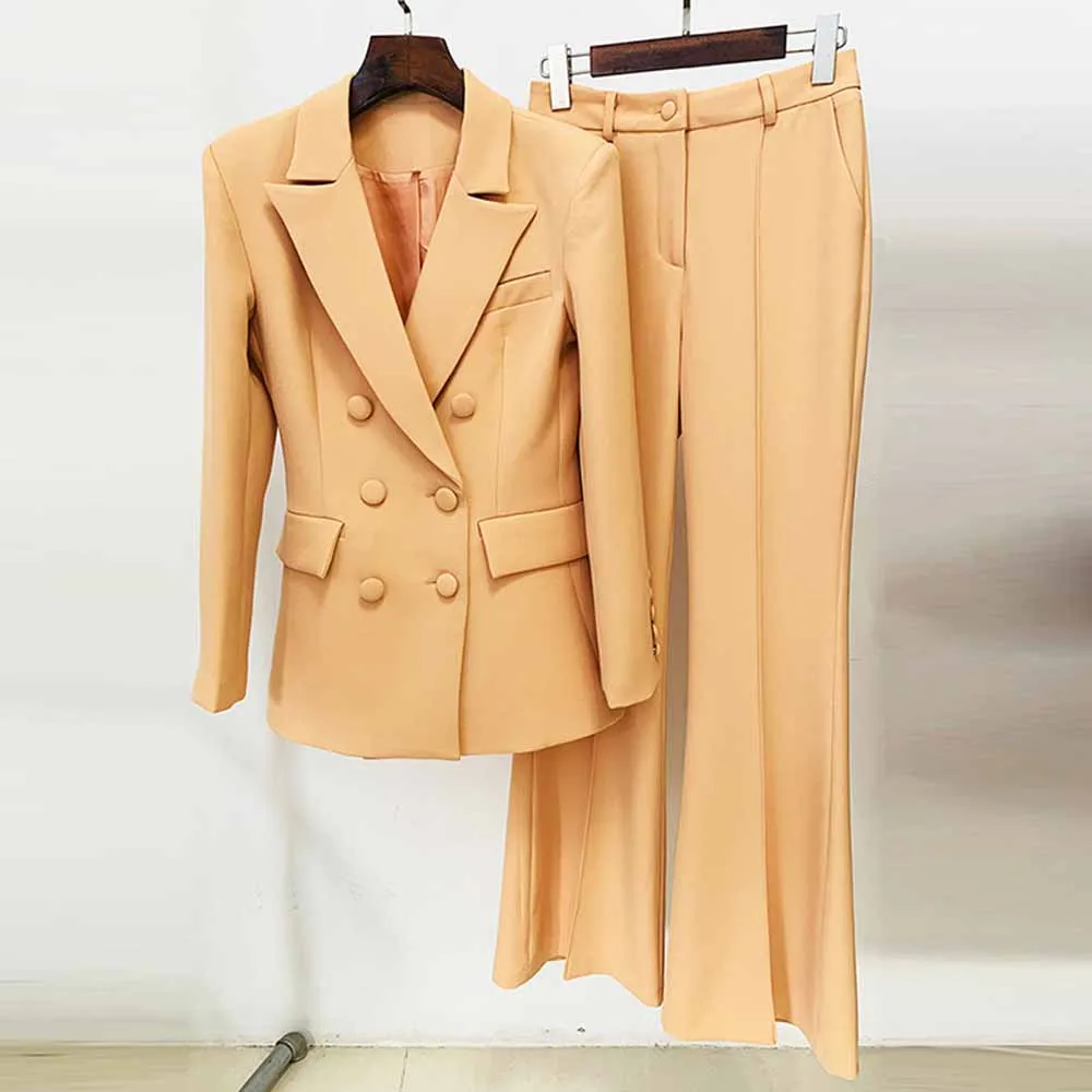 Women Brown Beige Pantsuit Double Breasts Fitted Blazer   Mid-High Rise Flare Trousers Pants Suit