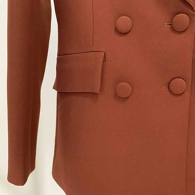 Women Brown Beige Pantsuit Double Breasts Fitted Blazer   Mid-High Rise Flare Trousers Pants Suit